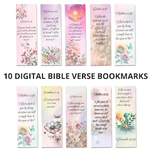 Peut inclure: Dix signets numériques avec des versets bibliques et des motifs floraux. Chaque signet présente un verset différent et une illustration florale de style aquarelle. Les signets sont dans une palette de couleurs rose, blanche et verte.