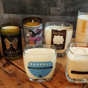 Soy candles, liquor bottle candles, scented candles.