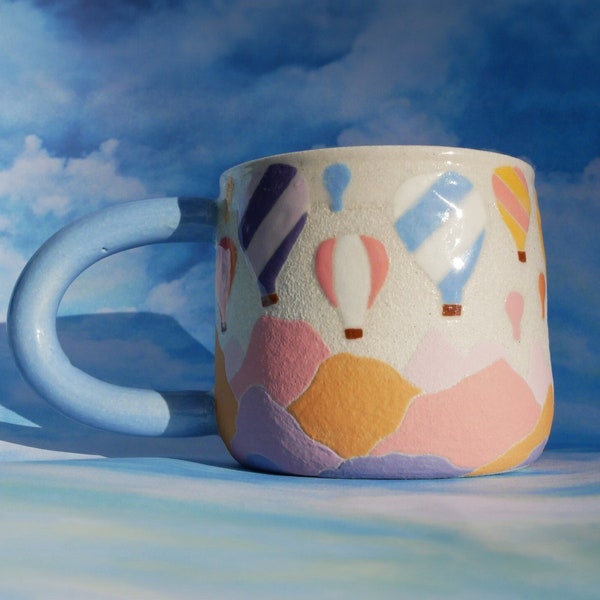 Handmade Balloon Fiesta Mug Colorful Ceramic Tea Cup With Handle Large Stoneware Scenic Mountain Design Pottery Coffee Lover Gift For Friend