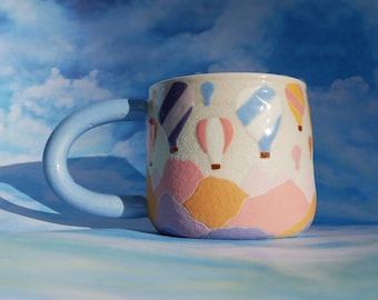 Mug Fiesta ballon fait main Tasse à thé en céramique colorée avec poignée Grand grès cérame montagne pittoresque, poterie, cadeau pour amateur de café, cadeau pour un ami