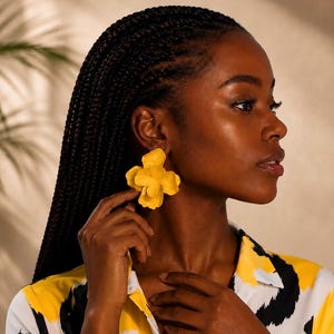 Glossy Yellow or Red Flower Stud Earrings|Oversized Sculpted Petal Floral Statement Earrings