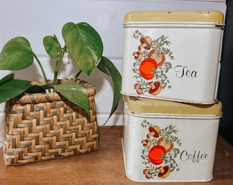 Vintage Mid Century 70s CheinCo Retro Vegetable Mushroom Coffee + Tea Canisters | Autumn Decor, Vintage Kitchen