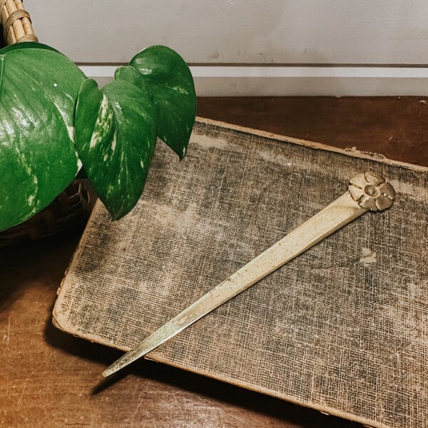 Vintage Brass Floral Detail Letter Opener | Brass Office Decor