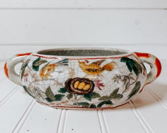 Vintage Chinese Wong Lee Crackle Glaze porseleinen plantenbak | Vogels en nesten