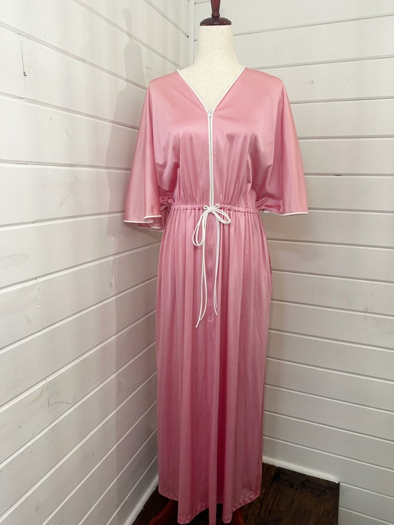 Vintage 70s Pink Maxi Zip Up Nightgown Robe Dress 