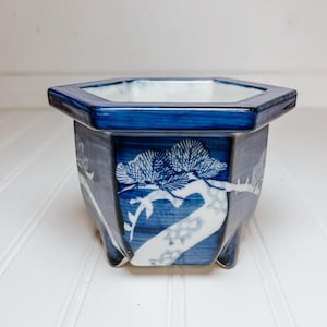 Vintage Blue and White Ceramic Hand Painted Planter Pot