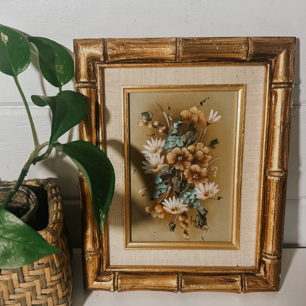 Vintage Faux Gold Bamboo Framed Floral Hand Painted Canvas | Wall Hanging, Gallery Wall