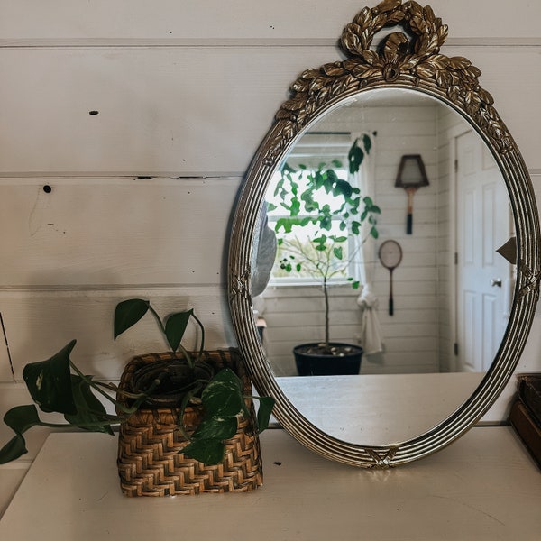 Vintage Gold Plastic Ornate Framed Oval Mirror | Wall Hanging
