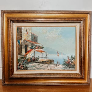 Vintage Framed Oil Painting | Mediterranean Coastal Scene | European Landscape