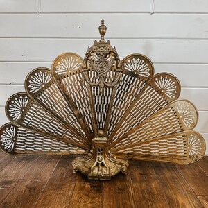 Vintage Brass Peacock Fireplace Screen Fan with Cameo & Fine Detail Circa Early 1900's