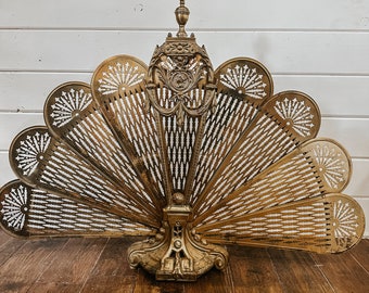 Vintage Brass Peacock Fireplace Screen Fan with Cameo & Fine Detail Circa Early 1900's