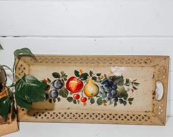 Bandeja de hojalata vintage pintada a mano con motivos florales: Bandeja grande para servir