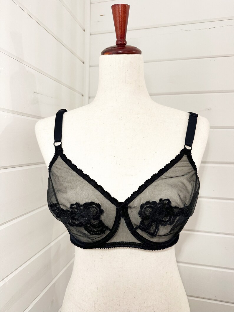 Vintage Black Sheet Lace Detail Bra 34D Vintage Ann Klein Bra image 1