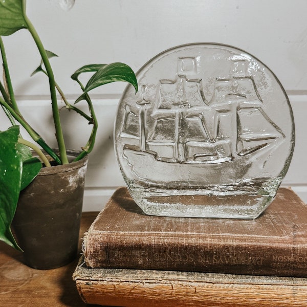 Vintage Blenko Clear Glass Sailing Ship Bookend | Vintage Bookend