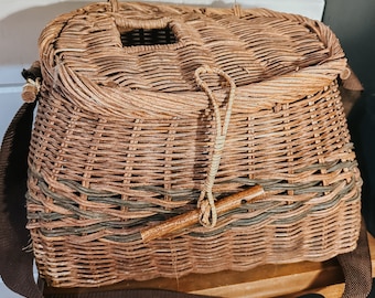 Willow Basket, Fly Fishing Creel Basket, Large Size, Canvas Carry Strap,  Handcrafted Wooden Closure 