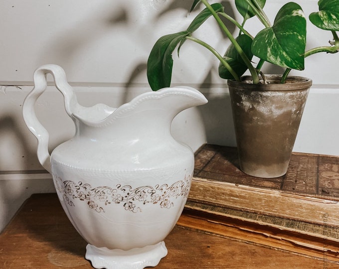 Antique / Vintage White Farmhouse Pitcher Gold Floral Detail Etsy