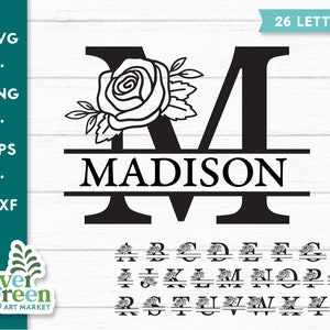 Floral split monogramme svg, svg initial, split lettre svg, alphabet svg, cadre monogramme rose, nom de famille svg, 26 lettres svg, bébé nom svg