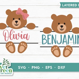 Teddybär-Monogramm-Svg, Namenssvg, Namensrahmens-Svg, Bären-Split-Namens-Svg, Babypartys-Svg, Kinderzimmer-Svg, geteiltes Monogramm, Bärenmonogramm-Svg
