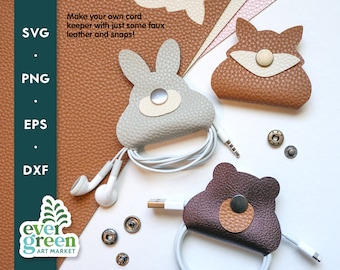 May include: Three faux leather cord keepers in the shapes of a fox, bunny, and bear. The keepers are brown, gray, and purple. The text "Make your own cord keeper with just some faux leather and snaps!" is at the top of the image. The text "ever green ART MARKET" is at the bottom of the image.