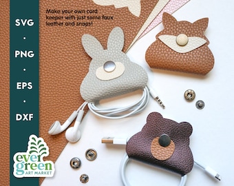 Cable organizer svg, faux leather cord holder template svg, woodland animals earbud holder, fox cable taco, bear bunny cord keeper svg