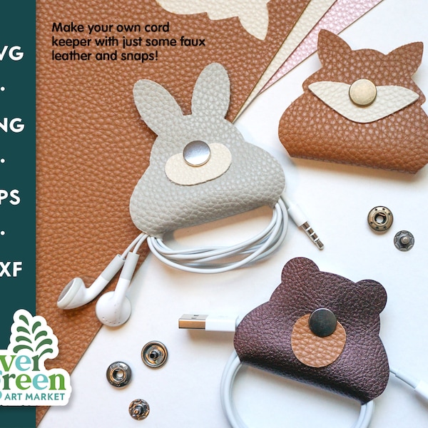 Cable organizer svg, faux leather cord holder template svg, woodland animals earbud holder, fox cable taco, bear bunny cord keeper svg