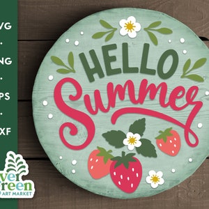 Bonjour Summer svg, cintre de porte rond à la fraise, panneau de bienvenue d’été, floral, ferme, Png Dxf Cut File SVG