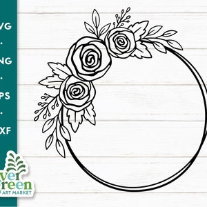 May include: Black and white floral wreath design with three roses and leaves. The wreath is a circular shape with the text "SVG, PNG, EPS, DXF" on the left side. The logo for "evergreen art market" is in the bottom left corner.