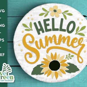 Hello Summer svg, cintre de porte rond tournesol, panneau de bienvenue d’été, floral, ferme, Png Dxf Cut File SVG fichier coupé