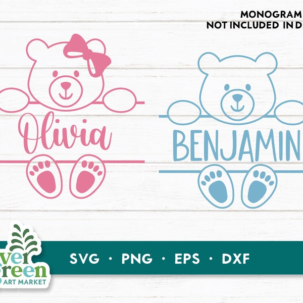 Teddy bear monogram svg, Bear monogram svg, bear name svg, name frame svg, bear split name svg, baby shower svg, nursery svg, baby name svg