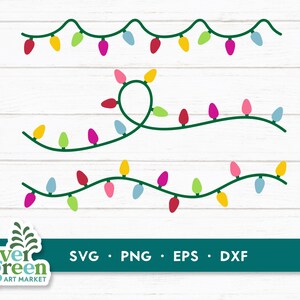 May include: Three sets of colorful string lights with green wire. The lights are in different configurations, including a straight line, a curved line, and a looped line.