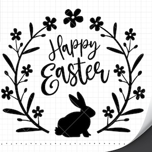 Joyeuses Pâques SVG, svg couronne de fleurs, lapin floral svg, svg silhouette de lapin, Pâques Png Dxf coupe fichier SVG pour fichier de coupe et Silhouette