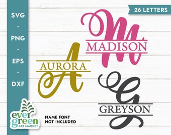 Gesplitste monogram alfabet svg, eerste svg, achternaam, monogram frame, monogram lettertype svg, 26 letters svg, babynaam svg