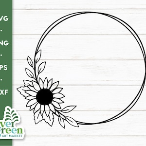 Couronne de cercle de tournesol svg, couronne florale svg, cercle de tournesol svg, monogramme de couronne de fleurs svg, cadre de cercle de ferme, fichier de coupe simple