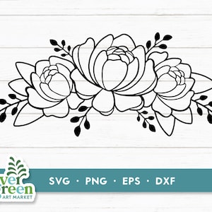 Svg floral butin, pivoine svg, svg bordure florale, svg botanique, accent de dessin au trait pivoines, s'épanouir svg, guirlande de pivoines, fichiers Svg couper fichier