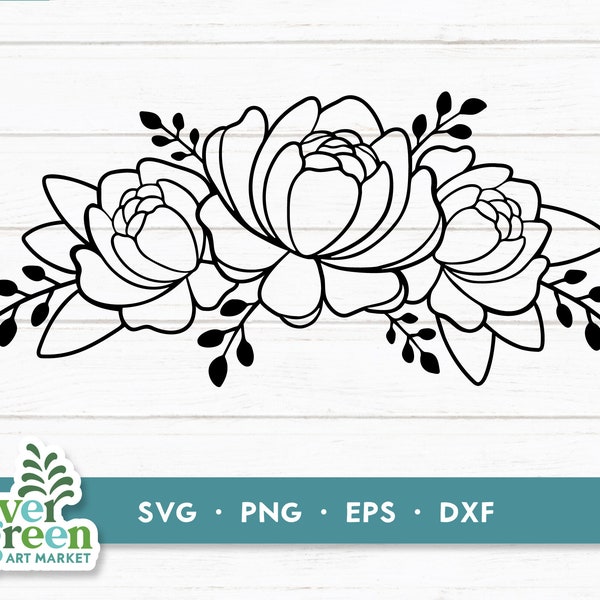 Floral swag svg, peony svg, floral border svg, botanical svg, peonies line drawing accent, flourish svg, peony garland, Svg files cut file