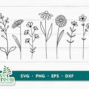 Paquete de flores silvestres svg, paquete de flores boho, svg botánico, svg boho, svg de flores de arte de línea simple, camiseta, imágenes prediseñadas, archivo svg para archivo de corte