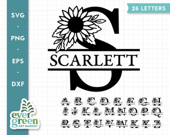 Zonnebloem alfabet svg, floral split monogram svg, eerste svg, split brief svg, bloem monogram frame, naam svg, baby naam svg