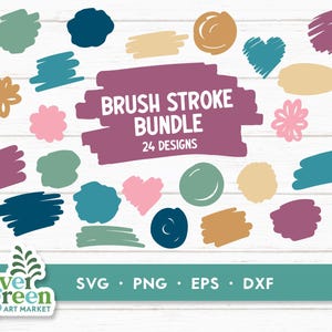 Op de afbeelding: Een set van 24 penseelstreken in verschillende kleuren en vormen, waaronder harten, cirkels, bloemen en abstracte vormen. De ontwerpen zijn perfect voor knutselen, scrapbooking en digitaal ontwerp. De tekst "Brush Stroke Bundle 24 Designs" wordt weergegeven op een paarse achtergrond.