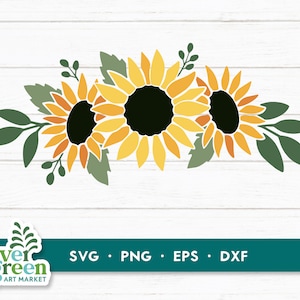 Borda de girassol svg, brindes de girassol svg, brindes florais svg, borda de flores svg, svg botânico, desenhado à mão, florescer svg