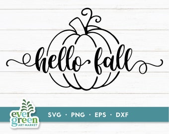 May include: Black and white graphic design of a pumpkin with the text "hello fall" in a cursive font.