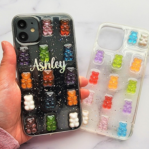 Customizable 3D Gummy Bear Holographic Rainbow TPU Cartoon 3D Clear Candy Soft Cases iPhone
