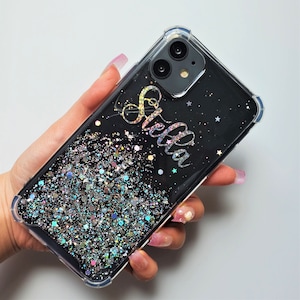 Custom Name Case Clear Shockproof Cushion Bumper Protective Holographic Sparkle Rainbow Colorful Silver Bling Glitter for iPhone Models