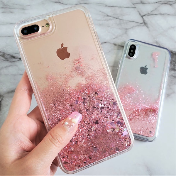 Pink Glitter Waterfall Liquid Floating Hearts Case iPhone 6s iPhone 7 Plus 8 Plus Xr iPhone Xs iPhone 5s SE iPhone 6 Plus