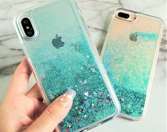 Mint Aqua Glitter Waterfall Liquid Bling Floating Hearts Case iPhone SE iPhone 6s iPhone 7 Plus 8 Plus Xr iPhone Xs iPhone 5s iPhone 6 Plus