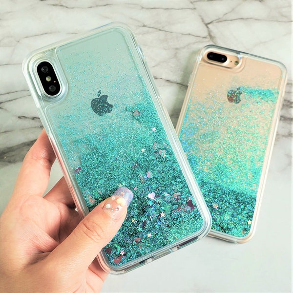 Mint Aqua Glitter Waterfall Liquid Bling Floating Hearts Case iPhone SE iPhone 6s iPhone 7 Plus 8 Plus Xr iPhone Xs iPhone 5s iPhone 6 Plus