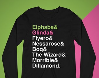 Wicked Character Names Long Sleeve Tee, Elphaba, Glinda, Broadway Musical, Theatre Gift, Ampersand