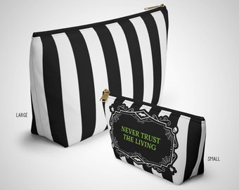Never Trust the Living Accessory Pouch, Beetlejuice Broadway, Lydia Deetz, Halloween, Strange and Unusual, Cosmetic Bag, Stripes