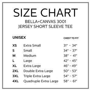 Puede incluir: Tabla de tallas para la camiseta de manga corta de punto Bella + Canvas 3001, que muestra las tallas unisex XS a 4XL con las medidas de pecho correspondientes en pulgadas.