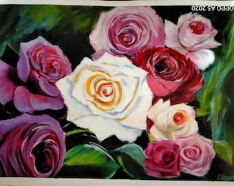 Roses , acrylic painting on paper. Size 48-34 cm. Original painting. Painting flowers. Painting roses.  Painting for gift.