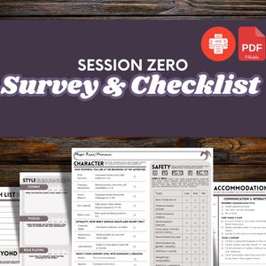Könnte beinhalten: Ein digitales PDF mit Checkliste und Umfrage für ein Tabletop-Rollenspiel mit dem Titel "Session Zero Survey & Checklist". Das Design hat einen lila Hintergrund mit weißem Text und Holzstruktur. Enthält ein ausfüllbares PDF-Symbol.